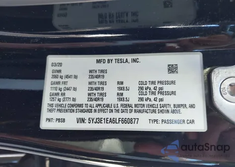 2020 Tesla Model 3 z USA, uszkodzony, nr VIN 5YJ3E1EA6LF660877